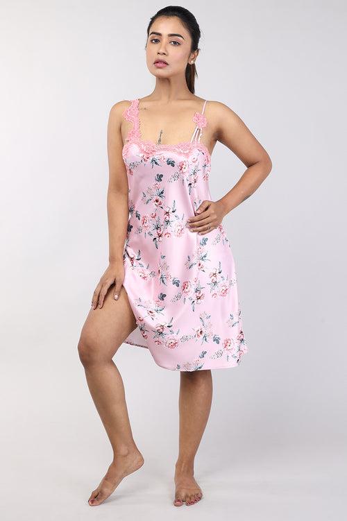 Women Floral Peach Short Nighty Gown Set