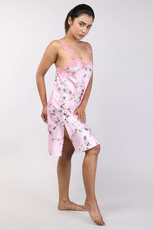 Women Floral Peach Short Nighty Gown Set