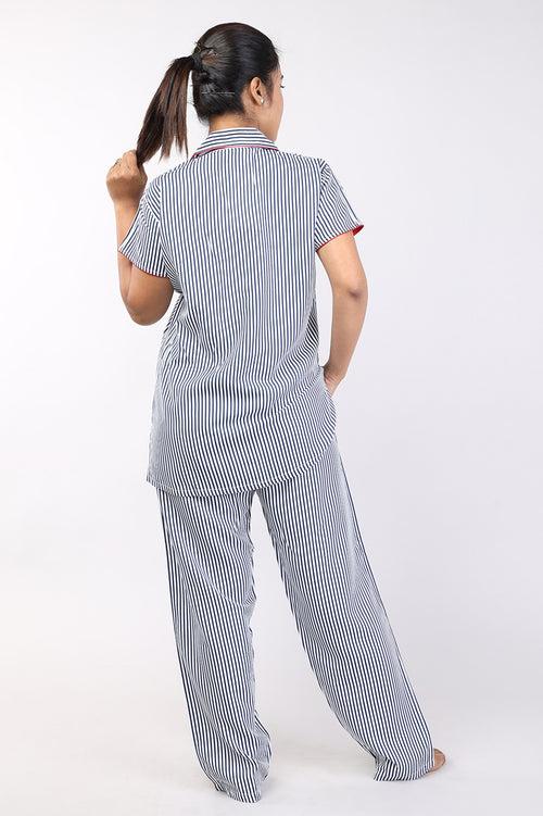 Woman Navy Blue Stripe Cotton Rayon Nightsuit