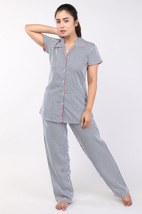 Woman Navy Blue Stripe Cotton Rayon Nightsuit