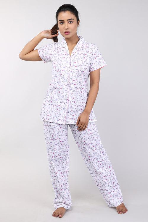 Women White Floral Print Cotton Nightsuit