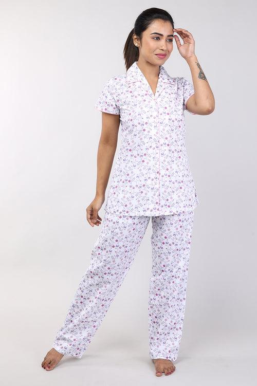 Women White Floral Print Cotton Nightsuit