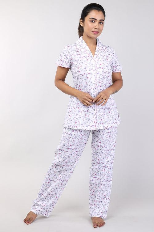 Women White Floral Print Cotton Nightsuit