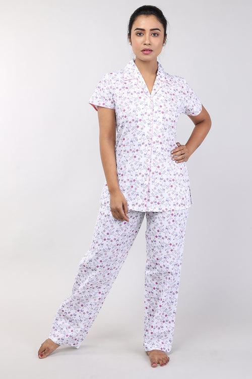 Women White Floral Print Cotton Nightsuit