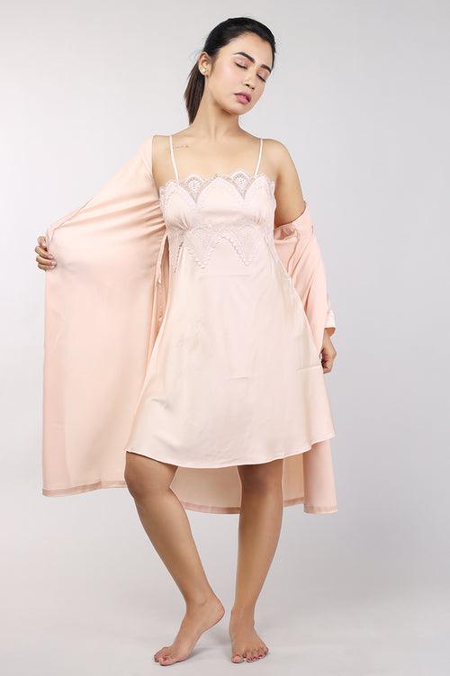 Women Light Peach Short Nighty Gown Set