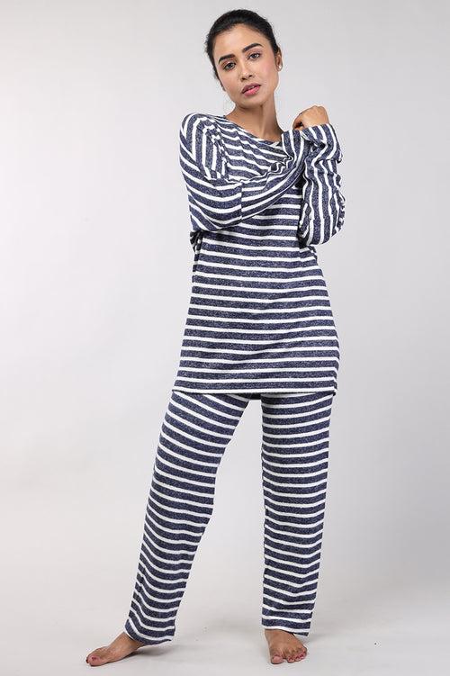 Women Navy Blue Cotton Jersey Top And Pyjama Set