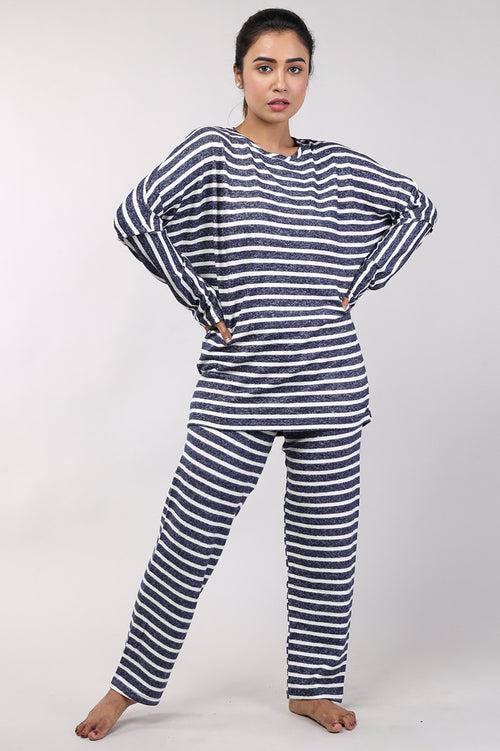 Women Navy Blue Cotton Jersey Top And Pyjama Set