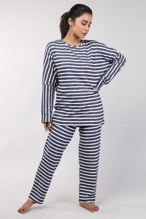 Women Navy Blue Cotton Jersey Top And Pyjama Set