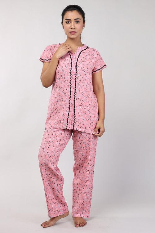 Woman Peach Floral Print Cotton Rayon Nightsuit