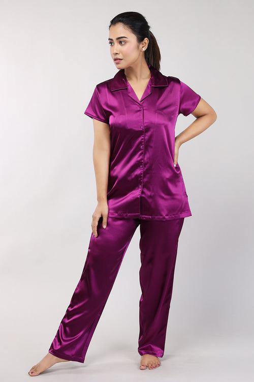 Women Purple Plain Satin Night Suit