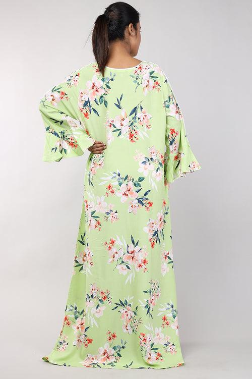 Women Green Floral Rayon Cotton Nighty