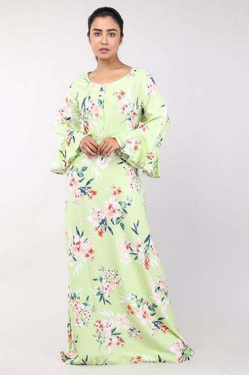 Women Green Floral Rayon Cotton Nighty