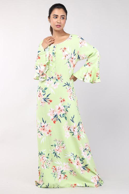 Women Green Floral Rayon Cotton Nighty