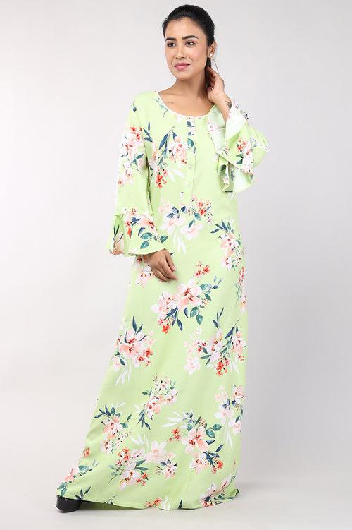 Women Green Floral Rayon Cotton Nighty