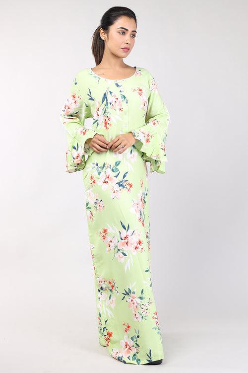 Women Green Floral Rayon Cotton Nighty