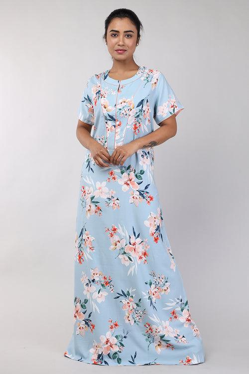 Women Dark Grey Floral Rayon Cotton Nighty