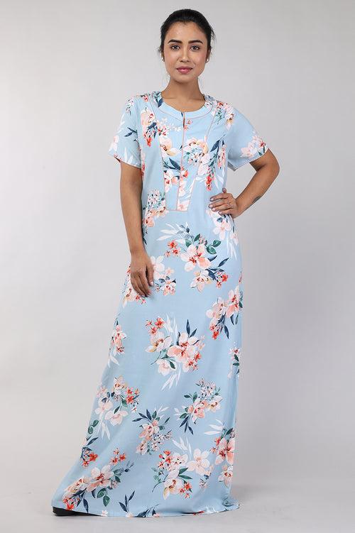 Women Dark Grey Floral Rayon Cotton Nighty