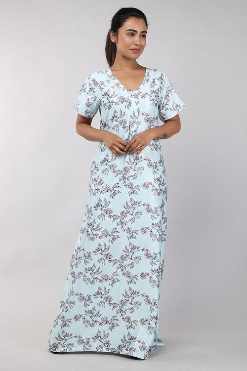 Women Pastel Green Floral Print Satin Nighty