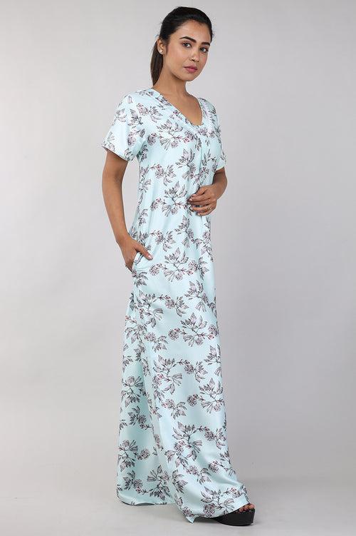 Women Pastel Green Floral Print Satin Nighty