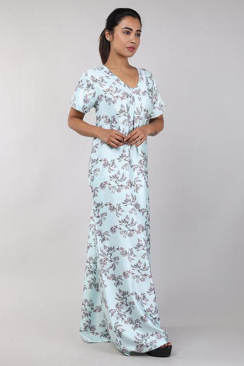 Women Pastel Green Floral Print Satin Nighty