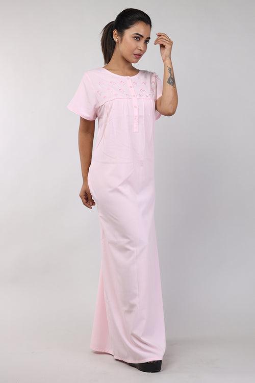 Women Pink Plain Bizzy Lizzy Cotton Nighty