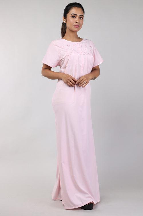 Women Pink Plain Bizzy Lizzy Cotton Nighty