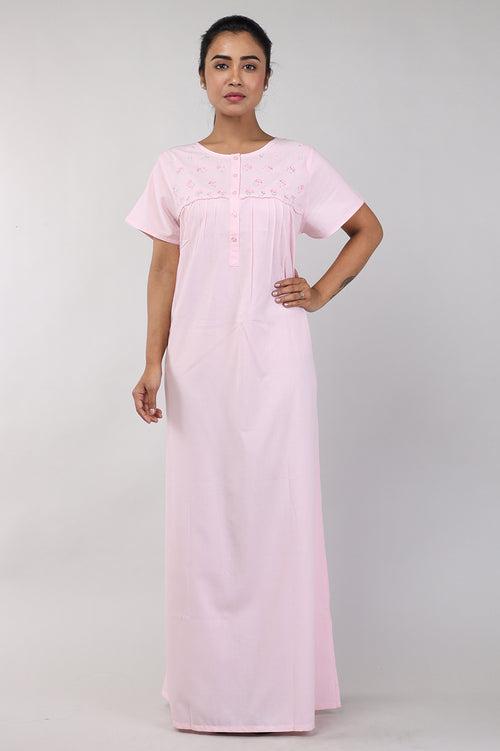 Women Pink Plain Bizzy Lizzy Cotton Nighty