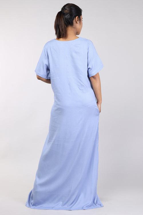 Women Stripes Blue Mahcine Embrodery Rayon Cotton Nighty