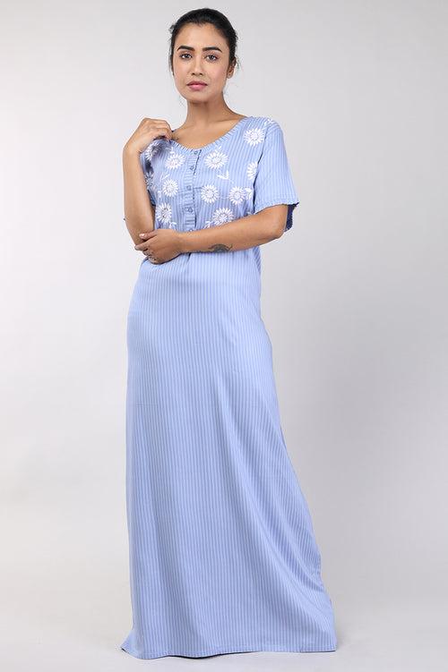 Women Stripes Blue Mahcine Embrodery Rayon Cotton Nighty