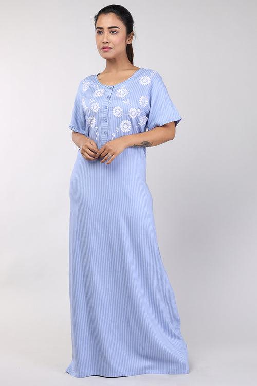 Women Stripes Blue Mahcine Embrodery Rayon Cotton Nighty