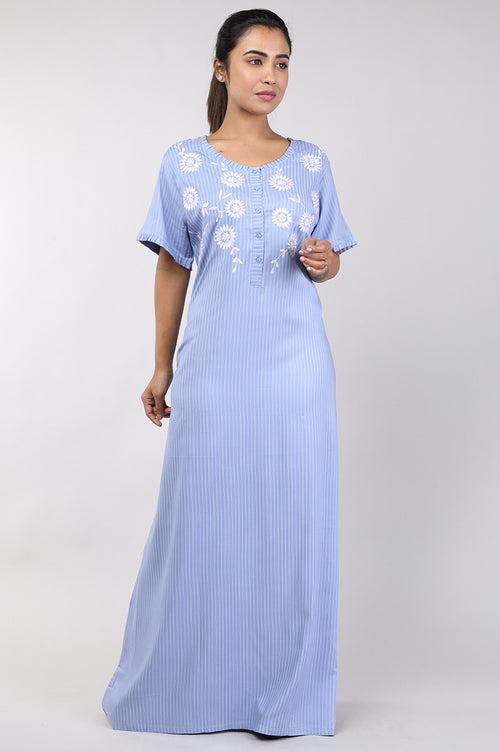 Women Stripes Blue Mahcine Embrodery Rayon Cotton Nighty