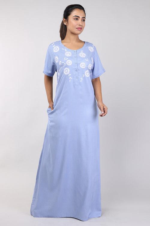 Women Stripes Blue Mahcine Embrodery Rayon Cotton Nighty