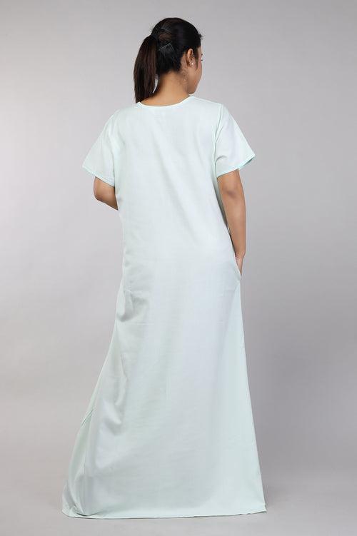 Women Light Green Machine Embroidery Spun Cotton Nighty