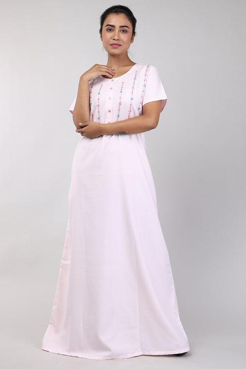 Women Light Pink Hand Embroidery Spun Cotton Nighty