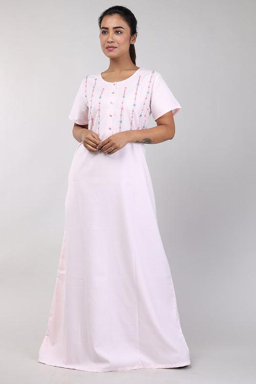 Women Light Pink Hand Embroidery Spun Cotton Nighty