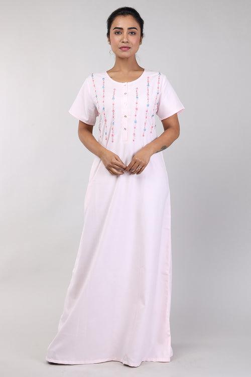 Women Light Pink Hand Embroidery Spun Cotton Nighty