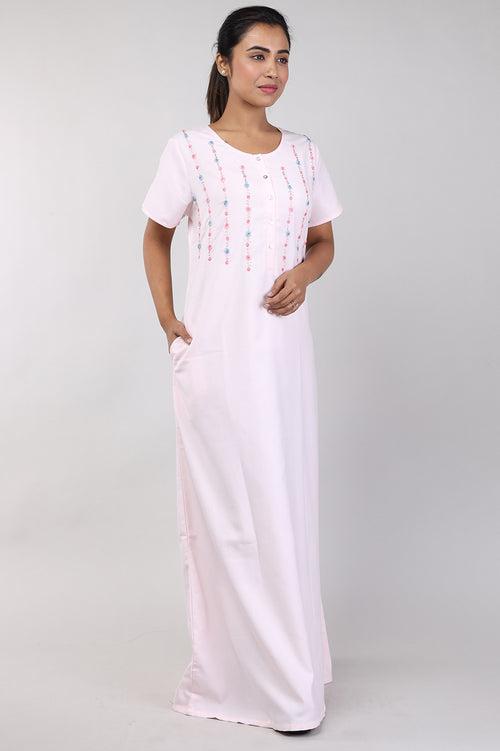 Women Light Pink Hand Embroidery Spun Cotton Nighty