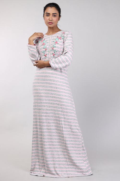 Women Pink Stripes Hand Embroidery Knitted Winter Nighty