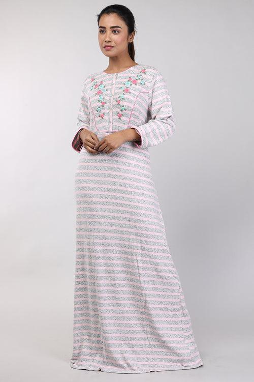 Women Pink Stripes Hand Embroidery Knitted Winter Nighty