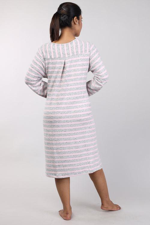 Women Pink Stripes Knitted Winter Night Shirt