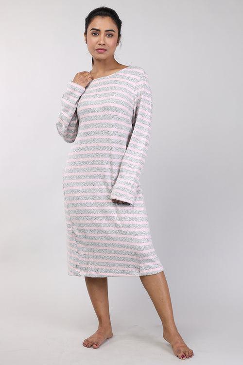 Women Pink Stripes Knitted Winter Night Shirt