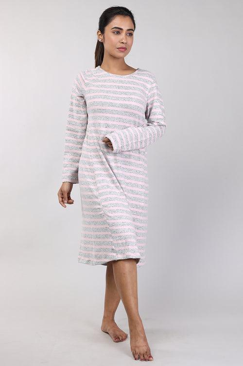 Women Pink Stripes Knitted Winter Night Shirt