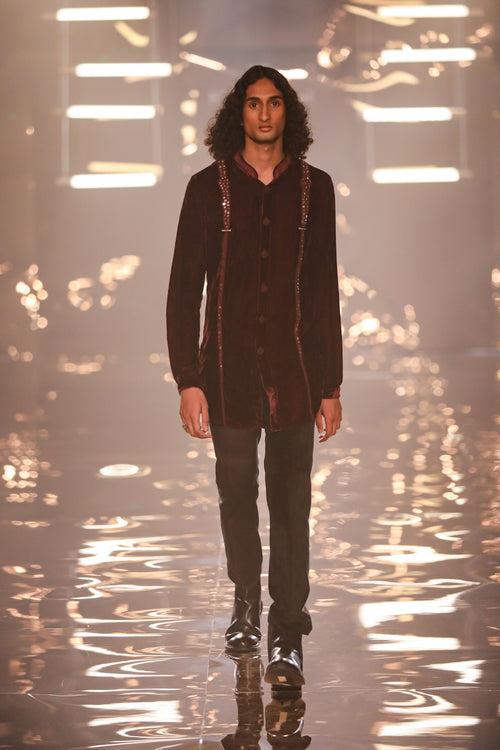 MIRROR KNOTTED VELVET SUSPENDER KURTA