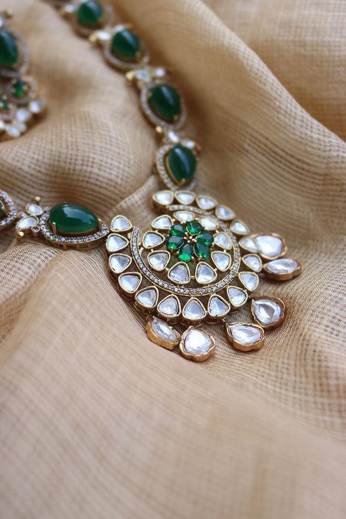 Green Chaand Tilak Polki Pendant Set