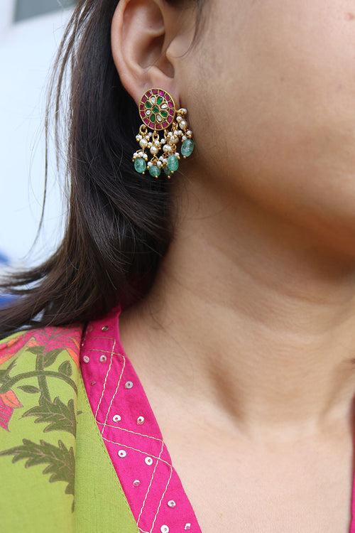 Jadau Flower Pearl Studs