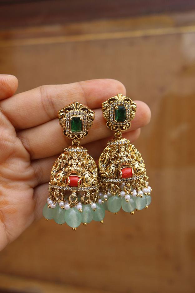 Coral Emerald Stone Jhumkas