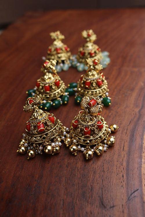 Coral Peacock Jhumkas