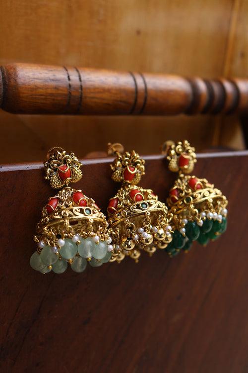 Coral Peacock Jhumkas