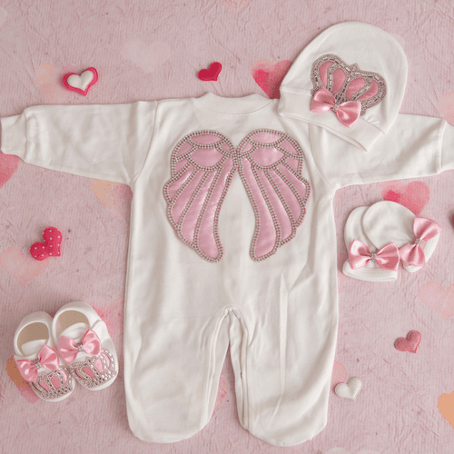 Snickerdoodle White with pink crown patch romper 4 piece set(Girls)