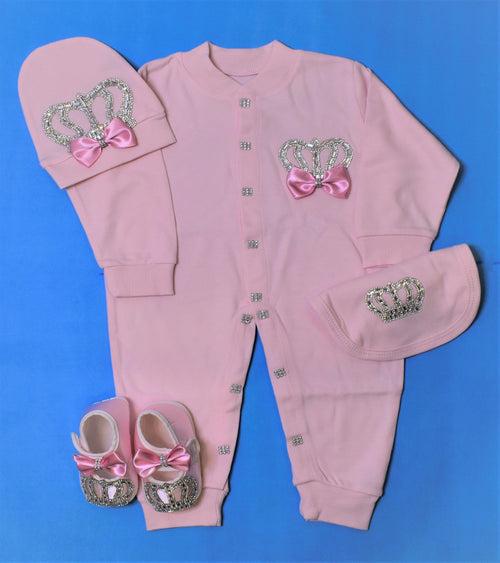 Cutie Pie Light pink with crown girls romper 4 piece set